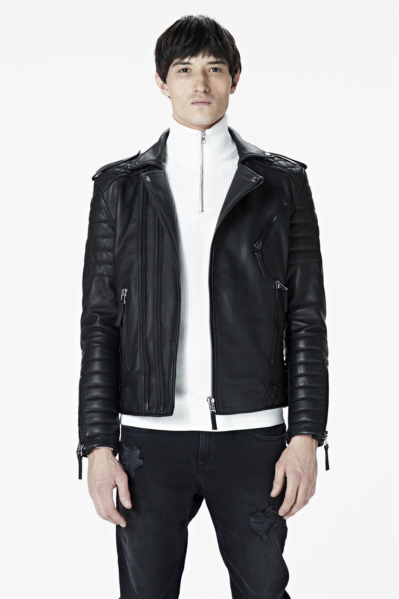 A male model wearing our Men's Black Leather Biker Jacket - Kay Michaels: biker protection from the BODA SKINS biker collection. Front close up facing.